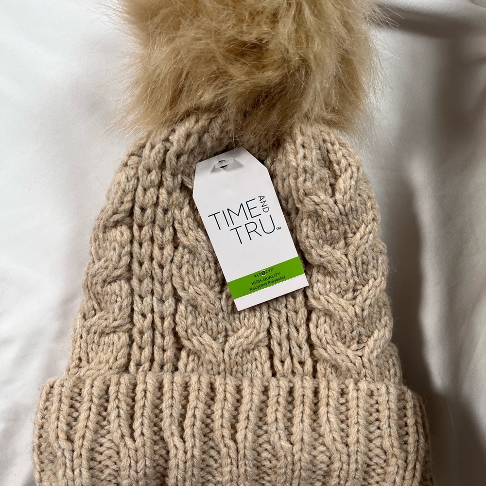 Time and Tru Kids' Beige Knit Beanie with Pom-Pom